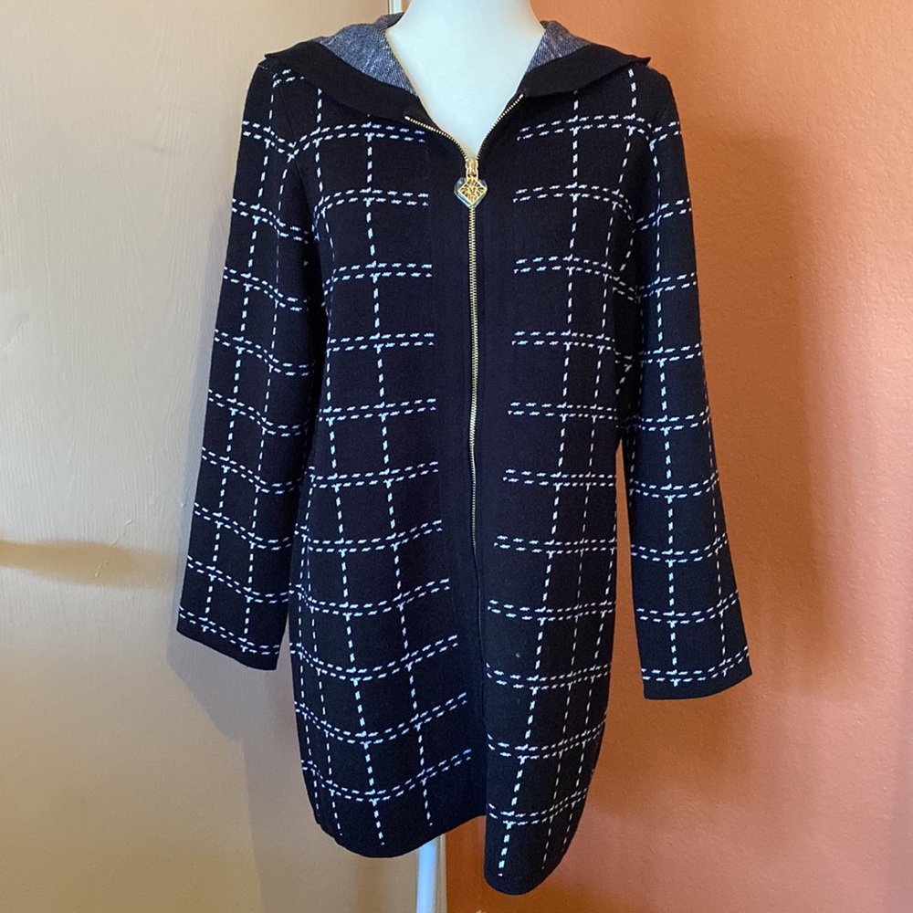 Anne Klein Black Windowpane Zip-Front Coat